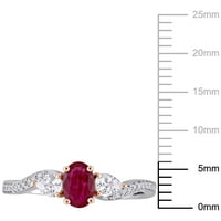 Ženski prsten od 14 karatnog dvobojnog zlata s rubinom ovalnog reza, bijelim safirom u obliku kruške i dijamantom