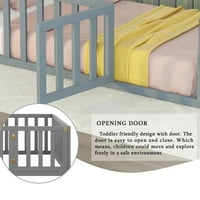 Gewnee blizanačka veličina montessori krevet za dijete, okvir drvenog podnog kreveta s ogradom i vratima, siva