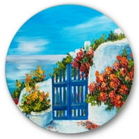 DesignArt 'Kuća sa šarenim cvjetovima u blizini mora III' nautički i obalni krug metal zidna umjetnost - disk od