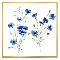 DesignArt 'plavi kukuruzni cvijeće sa zelenim lišćem na bijelom III' tradicionalno uokvireno platno zidne umjetničke