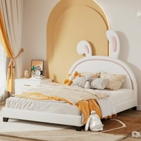 Aukfa tapecirani krevet s uzglavljem zečjeg ušiju za djecu, fau kože okvir u punoj veličini, bijela
