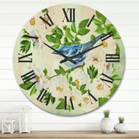 Dizajnirati 'mala plava ptica koja sjedi na grani biljke bijele ruže' Tradicionalni drveni zidni sat