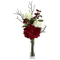 Gotovo prirodni božićni ruža hidrangea Umjetni cvjetni aranžman, crvena