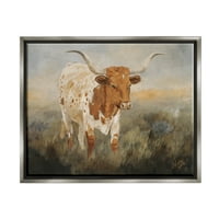 Stupell Industries longhorn goveda ispaša životinja i insekti slikaju sivi plutački uokvireni umjetnički tisak zidna