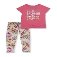 Sunset Sky Girls 4- kravate prednje grafičke majice i cvjetne gamaše, dvodijelni outfit set