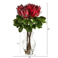 Gotovo prirodno 23 King Protea Umjetni cvjetni aranžman u staklenoj vazi, crvena