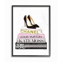 _ Modne dizajnerske cipele polica za knjige ružičasta i Crna akvarelna zidna umjetnost uokvirena Amandom Greenvud