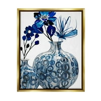 Moderna plava cvjetna ukrašena vaza botanička i cvjetna grafička umjetnost metalik zlato uokvirena umjetnička art